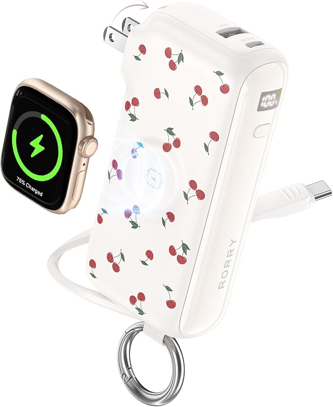 RORRY Flow Portable Charger, 10000mAh 40W Fast Charging Power Bank with Built-in USB C Cable and Foldable Wall Plug, Battery Pack Travel Essentials for iPhone 17/16/15, Apple Watch, iPad, MacBook