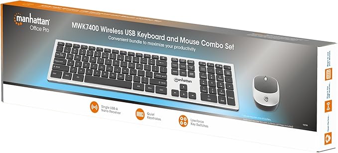 Manhattan Wireless USB Keyboard and Mouse Combo Set - Full-Size, Scissor Key Design, Quiet Typing, 1200 DPI Optical Mouse, Plug & Play Compatibility - 180788