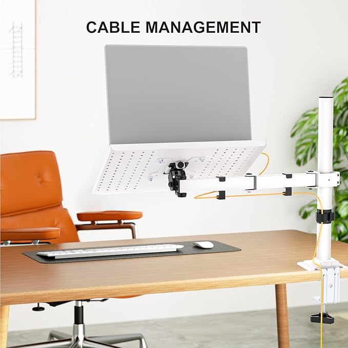 WALI Laptop Desk Mount for 17 inch Notebook, Adjustable Single Monitor Arm with Laptop Holder for 32 inch Screen, Laptops Stand with Ventilated Tray, Up to 22 lbs, (M00LP-W), White