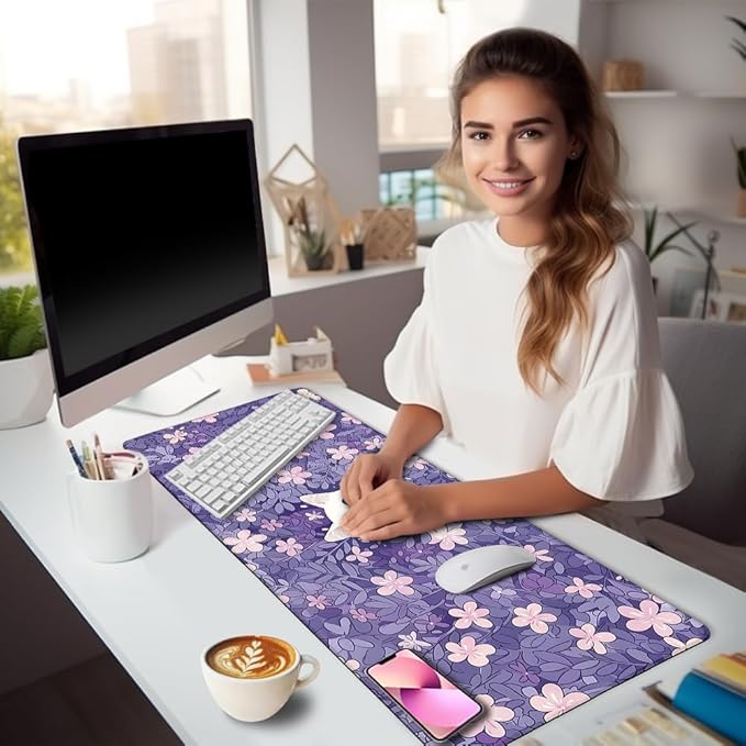 LIMKRIAN Cat Purple Mouse Pad Large Desk Mat, Kawaii Purple Computer Mousepad with Stitched Edges Non-Slip, Keyboard Mouse Pad for Desktop Cute Office Supplies Desk Decor Accessories 31.5x11.8 in
