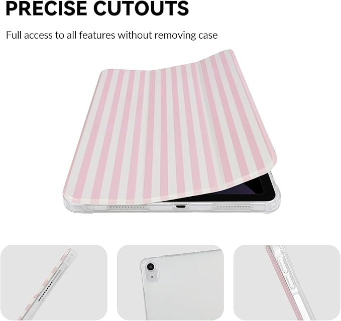 Lovmooful Compatible for iPad 11th 11-Inch A16 (2025),iPad 10 (10.9-Inch,2022 Model,10th Generation) Case with Pencil Holder Cute Striped Aesthetic Design Soft TPU Trifold Stand Protective-Pink&White