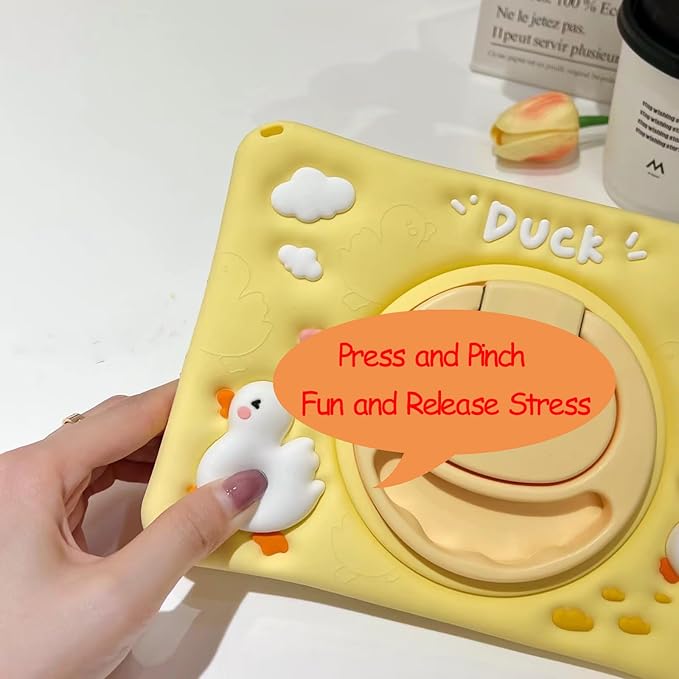 3D Cute Press Duck Case for iPad 10th Generation (2022) 10.9 inch/iPad (A16) 11th 2025 11 inch,Cartoon Character Duck Soft Silicone Rotating Stand Case with Lanyard for Kids Teens Girls Women
