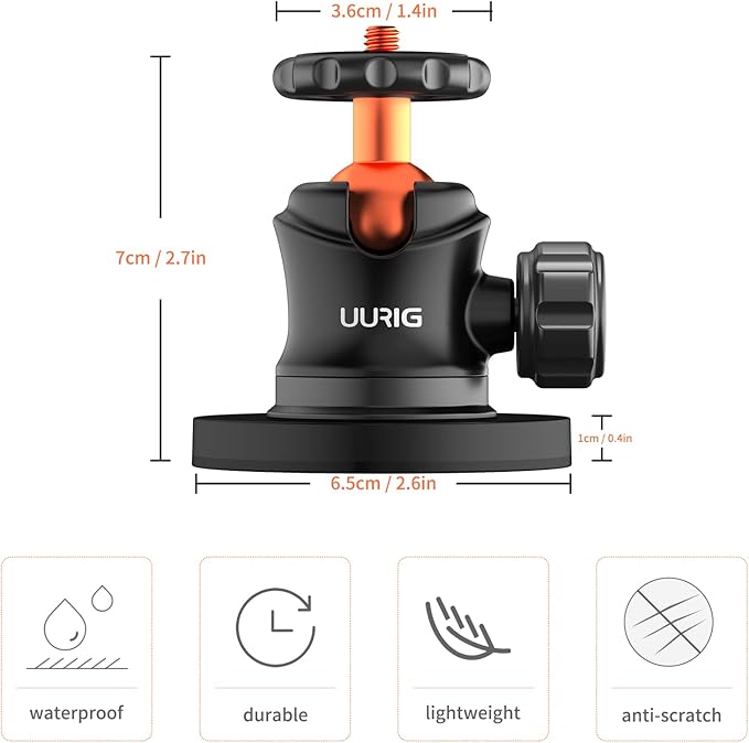 UURIG BH07 Magnetic Camera Mount with 360° Ball Head, Magnetic Mount Base Stand with 1/4"-20 Thread for GoPro,Pocket4/3,Insta360 X5/X4, Rubber Coated Magnet Base Deal for Action 5Pro/4/3 to Cars Body