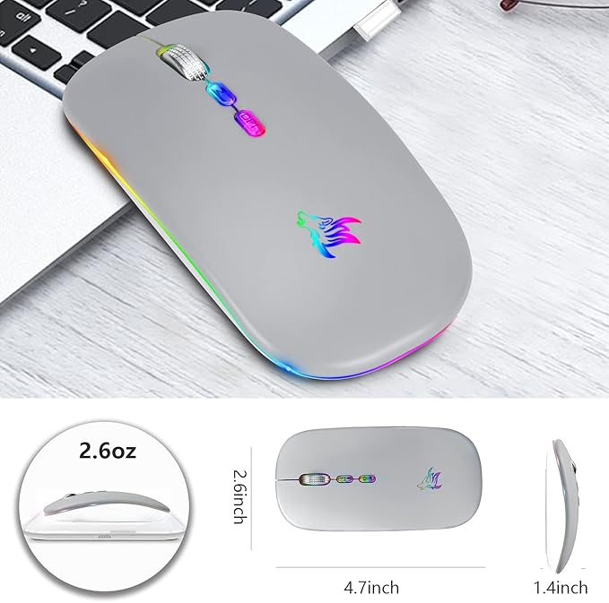 HOTLIFE LED Wireless Mouse, Slim Rechargeable Bluetooth Mouse, 2.4G Portable USB Optical Wireless Computer Mice with USB Receiver and Type C Adapter (Grey)