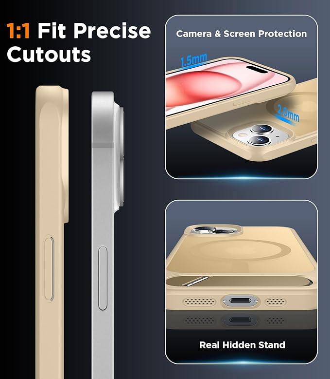 Magnetic Compatible with iPhone 15 Case, [Built-in Invisible Kickstand][Compatible with MagSafe] [Military Grade Shockproof] Slim Translucent Matte Phone Case for iPhone 15 6.1"-Light Brown