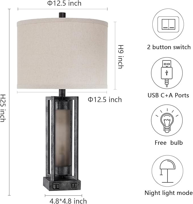 Set of 2 Industrial Table Lamps for Living Room with USB C+A, Vintage End Table Lamp for Bedroom with Gray Nightlight, Farmhouse Rustic Desk Lamp for Bedside, 4 Bulbs Included (Iron Gray)