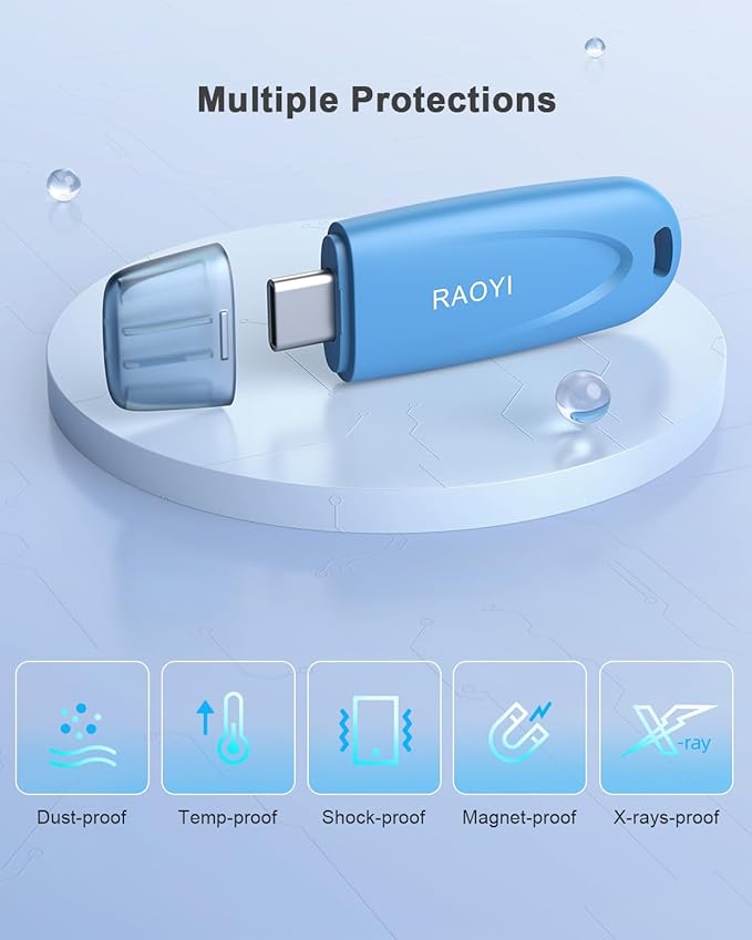 RAOYI 128GB Type-C Flash Drive USB 3.0 USB C Flash Drive Type C Thumb Drive Portable Memory Stick with Keyring Hole High-Speed Pen Drive for Laptop Smartphone Tablet Mac USB-C Devices, Blue