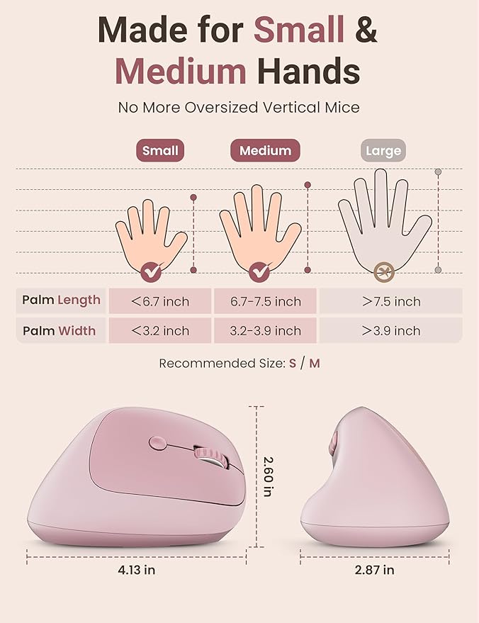 Ergonomic Vertical Wireless Mouse, 57° Natural Handshake for Wrist Pain Relief, Rechargeable 2.4G USB Computer Mouse, Quiet Click, 800/1200/1600 DPI, for Laptop PC Mac, Small/Medium Hands (Pink)