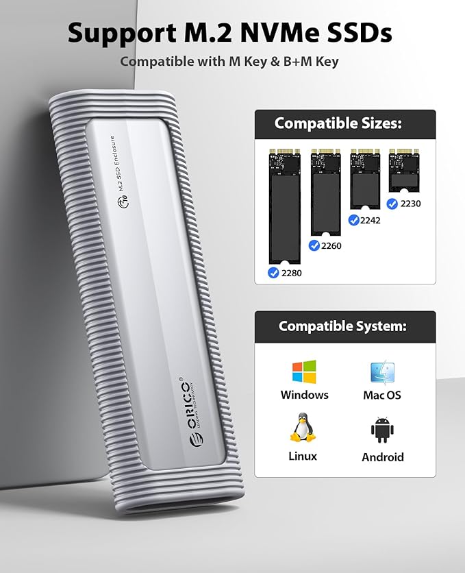 ORICO Aluminum M.2 NVMe SSD Enclosure, USB 3.2 Gen 2(10Gbps ) to Tool-Free NVMe PCI-E M.2 SSD Case, Support UASP for M/B&M Keys Size 2230/2242/2260/2280