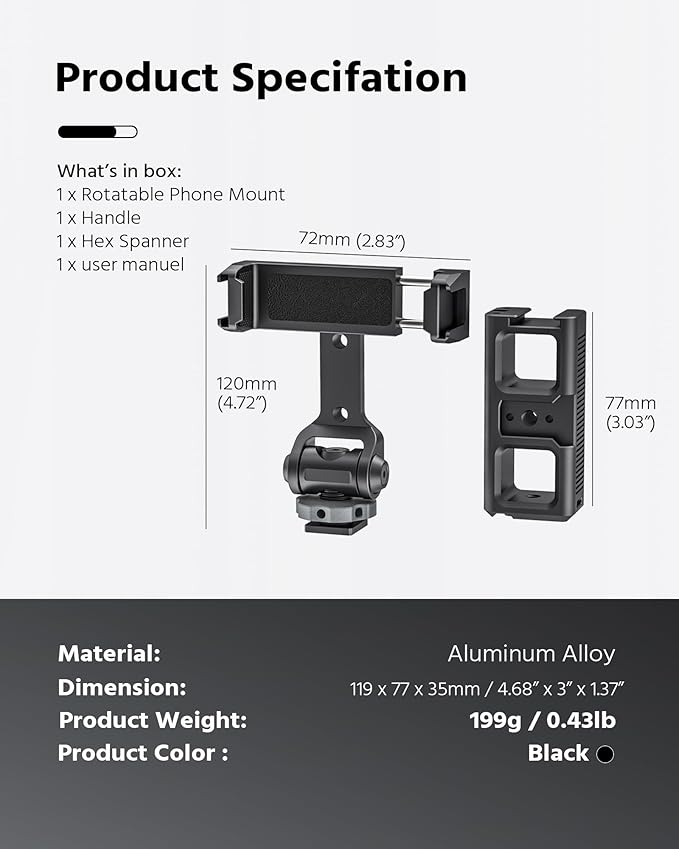 Phone Clip Rig Stabilizer for Smartphone, Lightweight Handheld Vlogging Rig with 360° Rotation, Grip & Cold Shoe Mounts | Compatible with Most Smartphones (for Cold Shoe Standard)