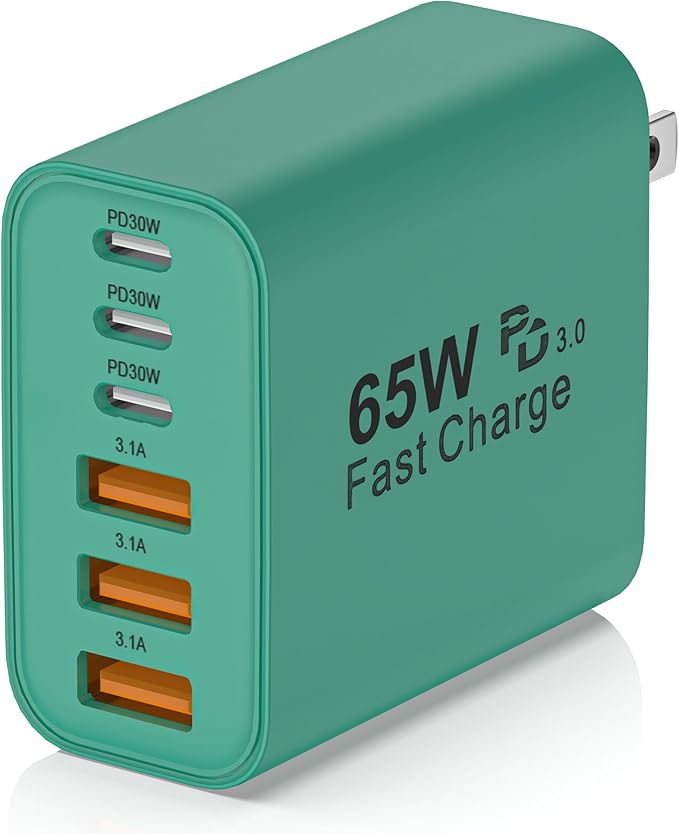 USB C Charger Block,65W 6-Port USBC Charging Block,Wall Charger iPhone Charger Fast Charging,Multiport Type C PD+QC Power Plug for All iPhone 17 16 15 iPad Samsung S23 S24 iWatch Pixel Series (Green)