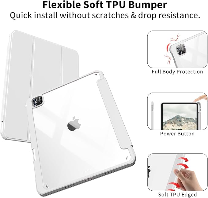 Case for iPad Pro 12.9 Inch (6th/5th/4th/3rd Generation 2022/2021/2020/2018) with Pencil Holder, Clear Transparent Back Shell Slim Stand Shockproof Tablet Cover, Auto Wake/Sleep, Gray