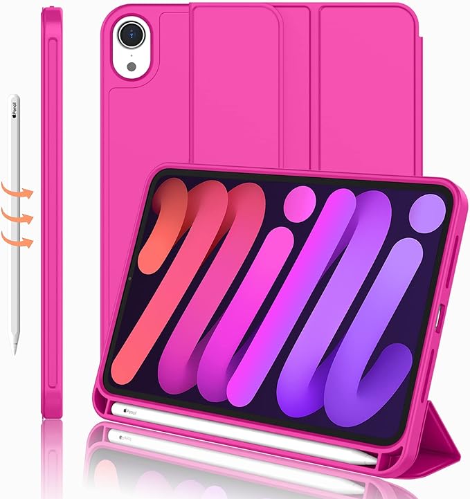 iMieet iPad mini 7 Case 2024 (A17 Pro), iPad mini 6 Case (8.3-Inch,2021 Model), iPad mini 7th/6th Generation Case with Pencil Holder, Trifold Stand Smart Case with Soft TPU Back,Rose Red