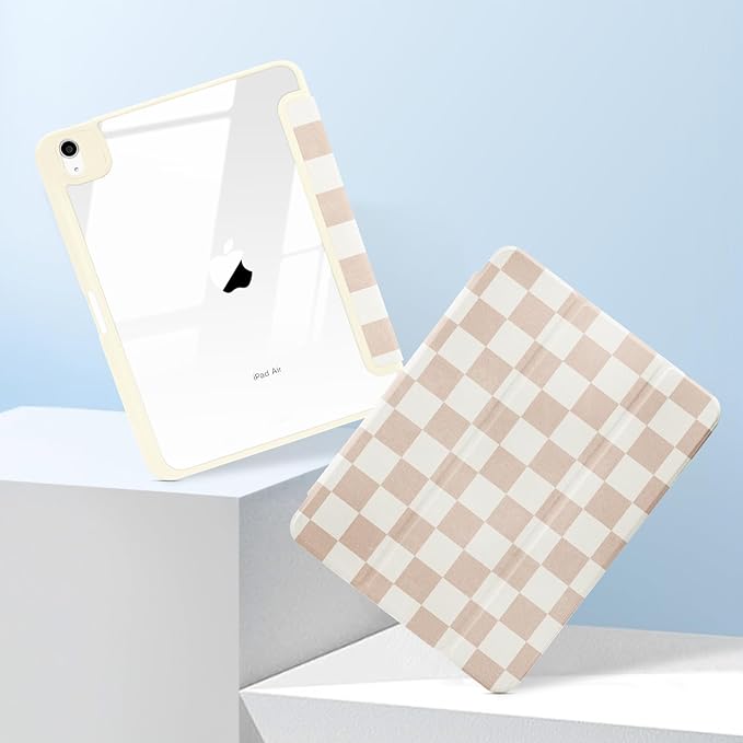 MrARTIST for iPad Air 11 Inch Case M3/M2 - Air 5th/4th Generation 10.9" Cute Women Girls Girly Kawaii Aesthetic Kawaii Design for Apple Air Tablet Cover with Pencil Holder, Khaki Checkered