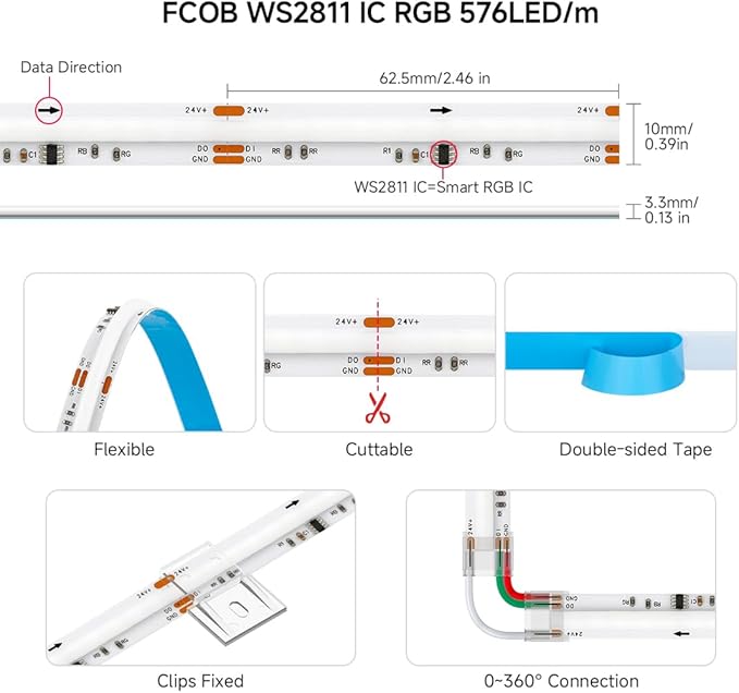 BTF-LIGHTING FCOB WS2811 IC RGB COB LED Strip DC24V 576LED/m 24FT Flexible High Density Color Chasing Uniform Light 16IC/m 10mm Width for Indoor Lighting Project(No Adapter or Controller)