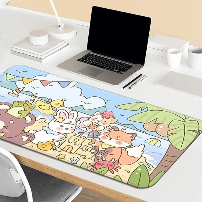 PERFECTSIGHT Cute Mouse Pad, Summer Beach Desk Pad, Kawaii Large Gaming Desk Mat, Funny Animal Party Deskmat Mousepad, Anime Desk Blotter Protector Laptop Keyboard Pad for Women Kids Girls Boys