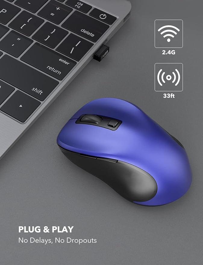 Trueque Wireless Mouse for Laptop, 2.4GHz Ergonomic Computer Mouse with Back & Forward Buttons, 3 Adjustable DPI Levels, 6 Buttons, Optical USB Cordless Mice for Windows PC, M01 (Deep Blue)