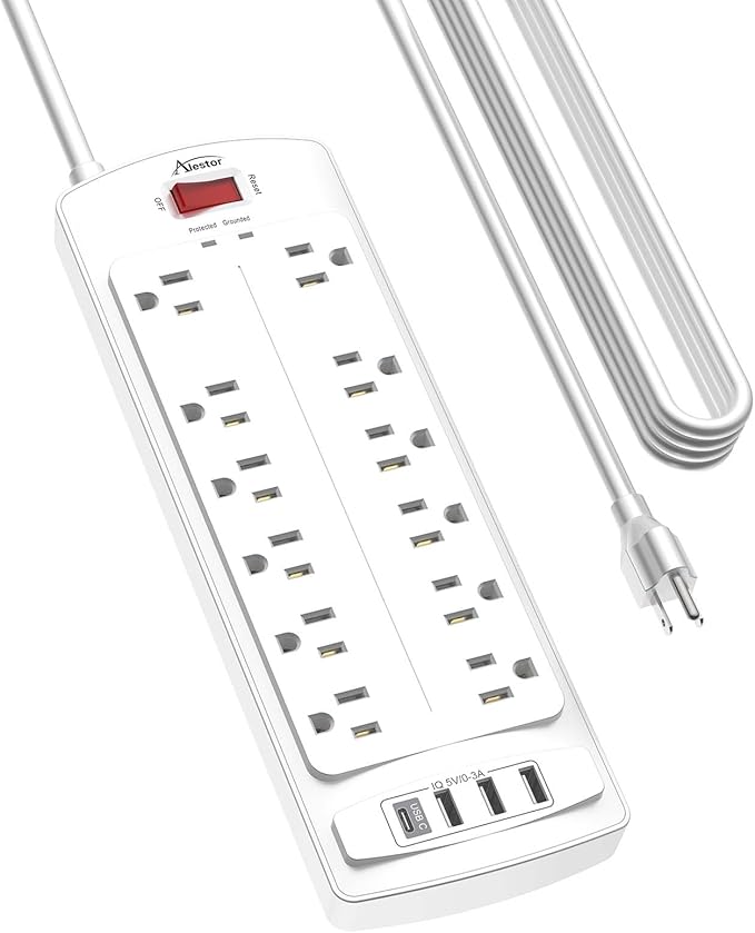 Power Strip, ALESTOR Surge Protector with 12 Outlets and 4 USB Ports, 20 Feet Extension Cord (1875W/15A), 2700 Joules, ETL Listed, White