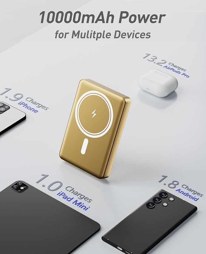 BBD Magsafe Portable Charger,10000mAh Magnetic Power Bank Fast Charging PD 20w with USB C Cable,Slim Magsafe Battery Pack,Wireless Power Bank for iPhone 17/16/15/14/13/12 Series 1Pack-Gold