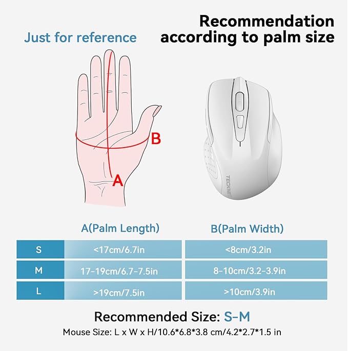 TECKNET Wireless Mouse (2.4G & BT5.0/3.0) Silent 4800 DPI Computer USB A & Bluetooth Mouse 6 Buttons, Wide Compatibility - White