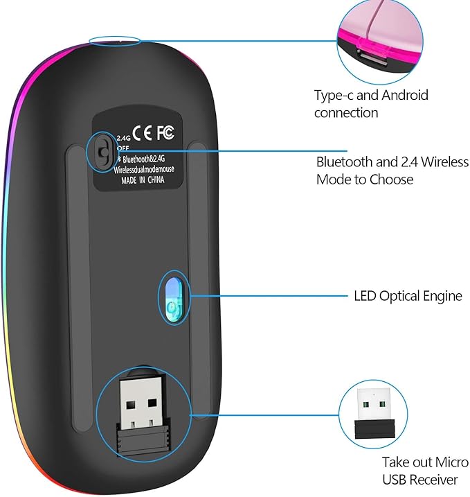 HOTLIFE LED Wireless Mouse, Slim Rechargeable Wireless Bluetooth Mouse, 2.4G Portable USB Optical Computer Mice with USB Receiver and Type C Adapter (Pink)