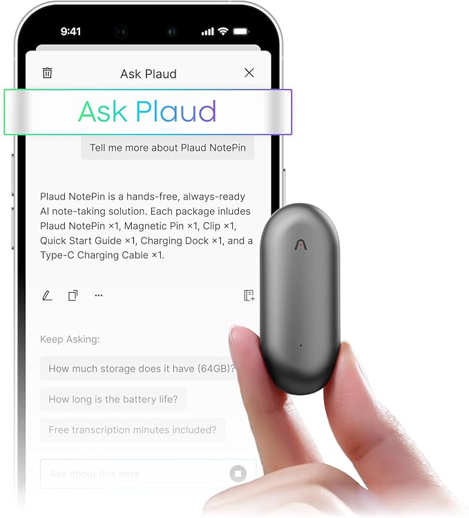 Plaud NotePin Voice Recorder, AI Voice Recorder, AI Note Taker, AI Transcribe & Summarize, Support 112 Languages, for Meetings, Lectures, Professionals, Teams, Cosmic Gray, Non-S Version