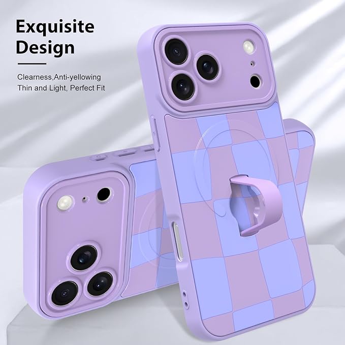 KANGHAR Compatible with iPhone 17 Pro Case, Support for MagSafe, Silicone Checkered Cute Pattern, Wristband Kickstand Camera Protection Soft Slim Cover for Girls Women -Purple