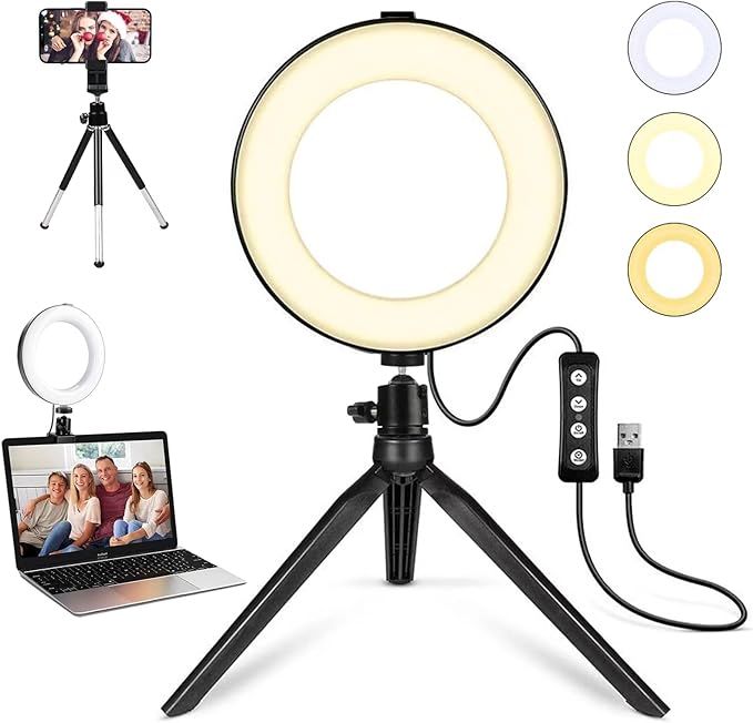 2 in 1 LED 6" Ring Light with Tripod Stand & Clamp for YouTube Video and Makeup, Mini LED Camera Light with Cell Phone Holder Desktop Lamp with 3 Light Modes & 11 Brightness Level
