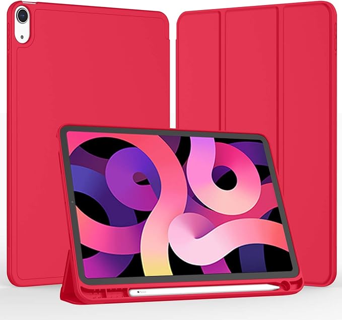 iMieet iPad Air 11 Inch Case M4/M3/M2(2026/2025/2024), iPad Air 5th/4th Generation Case 2022/2020 10.9 Inch with Pencil Holder,Trifold Stand Smart Case with Soft TPU Back(Red)