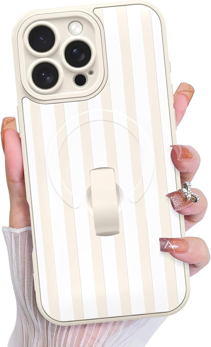 KANGHAR Compatible with iPhone 16 Pro Case, Support for MagSafe, Silicone Stripes Cute Pattern, Wristband Kickstand Camera Protection Soft Slim Cover for Girls Women -White