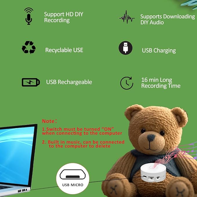 XLW 16 Min Voice Recorder,DIY Voice Recording Button for Stuffed Animals, Bear,Plush, Baby Doll,Pillow. Record Custom Messages for Xmas Halloween New Year Birthday Creative Presents-White
