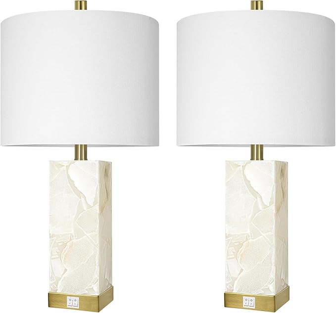 Scenekoy 23" Alabaster Table Lamps Set of 2 for Living Room Bedroom, Bedside Lamps with USB A+C Ports, Modern Table Lamp with Linen Shade for Living Room Bedroom Nightstand (Bulbs Included)