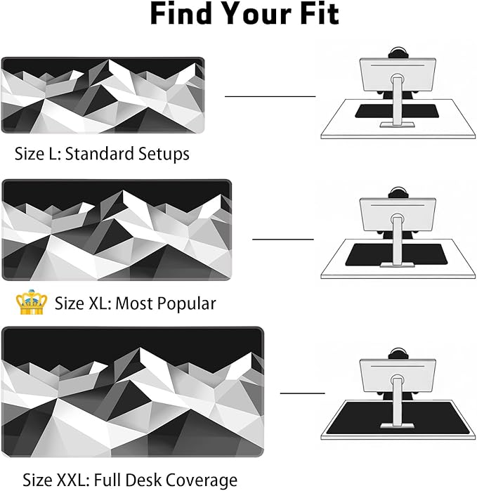 Large Gaming Mouse Pad (31.5x11.8in) - Black & White Geometric Mountain Landscape, Abstract Low Poly Design - Extended Desk Mat, Minimalist Monochrome Office Decor, Non-Slip Rubber Base