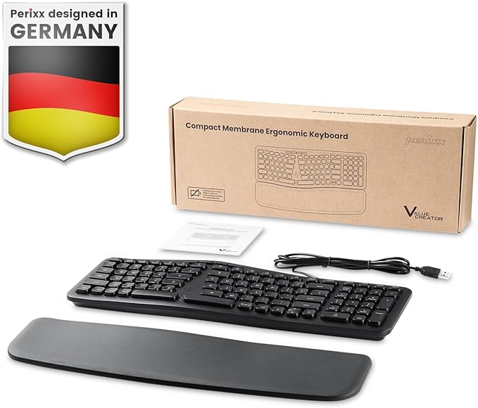 Perixx PERIBOARD-536B US, Wired Ergonomic Compact USB Keyboard - 16.34 x 5.71 x 1.61 inches Dimension - Build-in Number Pad - Detachable Wrist Rest - Silent Typing - Black