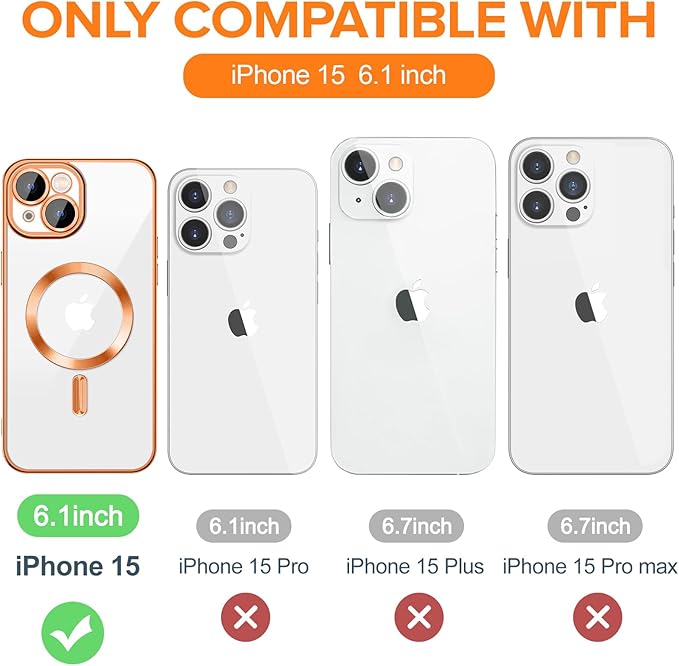 Hython Magnetic Clear for iPhone 15 Case with Camera Lens Protector [Compatible with MagSafe] Luxury Plating Edge Slim Soft TPU Cover Protective Phone Case for iPhone 15 6.1", Orange