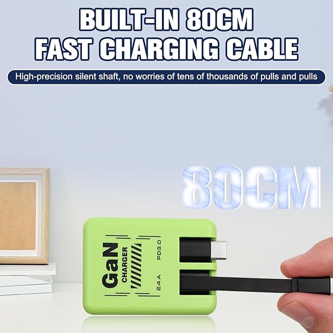W&O 2-in-1 GaN Compatible with Fast Charger, GaN Charger Fast Charging, Retractable Phone Chargers Wall Plug with Lightning and Type-C Cables, Foldable Chargers for iPhone&Most Android, Green