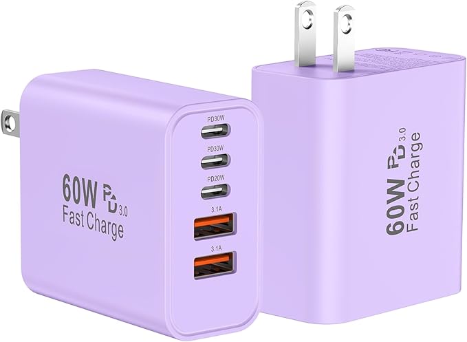 USB C Fast Wall Charger Block, 2Pack 60W USBC Charging Cubes, 5-Port PD+QC Power Adapter Multiport Brick Type C Box Plug for Phone 17/16/15/14/13/12/11/Pro Max/Plus, Pad Mini/Pro/S25/S24-Lavender