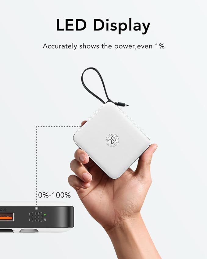 VRURC Battery Pack Charger Portable 10000mAh, 22.5W Power Bank Fast Charging with Built-in Cable, Cell Phone Power Bank for iPhone 17 16 15 & Early Series (White)