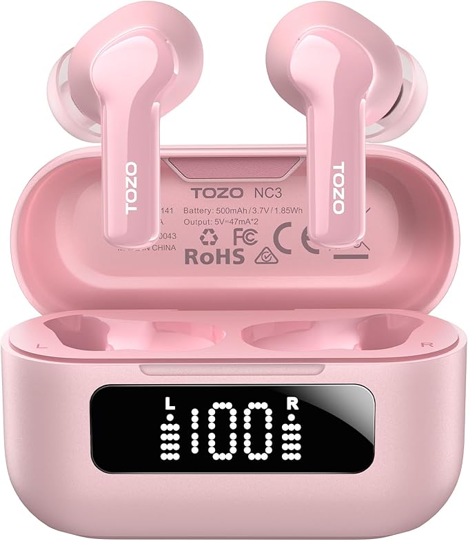 TOZO Hybrid Active Noise Cancelling Wireless Earbuds with 6 Mics AI Clear Call Ear Buds 68H Playtime with LED Display 32 Preset EQs via APP Bluetooth 5.3 IPX8 Waterproof in Ear Headphones