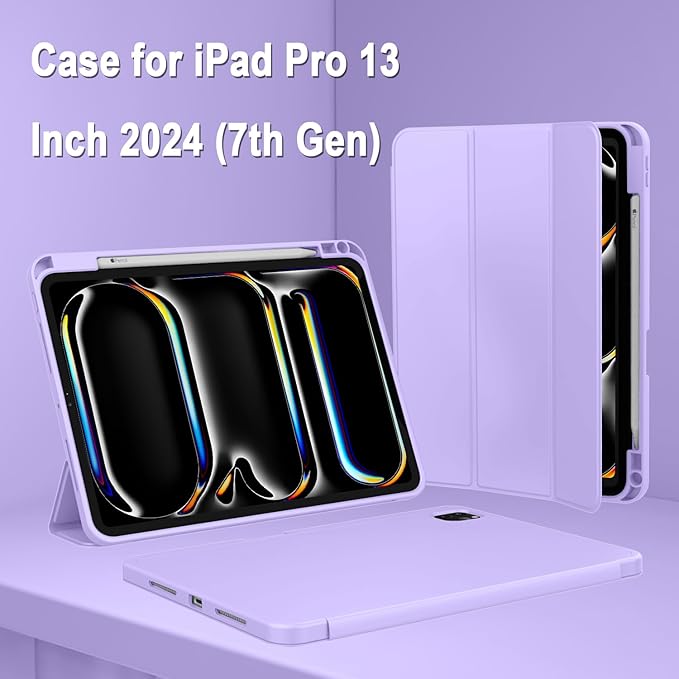 ZryXal New iPad Pro 13 Inch Case (M5) 2025 / (M4) 2024 with Pencil Holder, Smart iPad Case [Support Pencil Pro and Pencil (USB-C)], Support Touch ID and Auto Wake/Sleep (New Clove Purple)