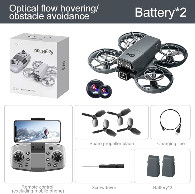 Mini RC Drone With Camera, Made Of Durable ABS Material And Featuring A Full-Guard Propeller Design To Effectively Reduce Collision Risks. Equipped With Cool LED “Eye” Lights And Flashing Tail Lights. Supports Intelligent Obstacle Avoidance, Optical Fl...