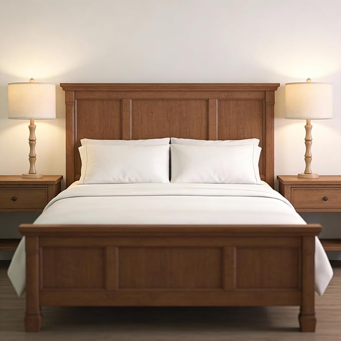 BOBOMOMO 25" Farmhouse Table Lamps Set of 2, Rustic Nightstand Lamps with Wood Grain Resin Base & Linen Shade, Standard Table Lamps for Bedroom, Living Room, Reading Nock & House Décor