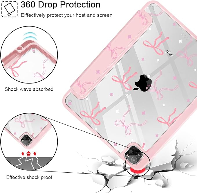Tuiklol for iPad Pro 11 Inch 4th / 3rd / 2nd / 1st Gen (2022 2021 2020 2018) Case -Built-in Pencil Holder Shockproof Cover Clear Transparent Back Shell with Auto Wake/Sleep, Pink Bows