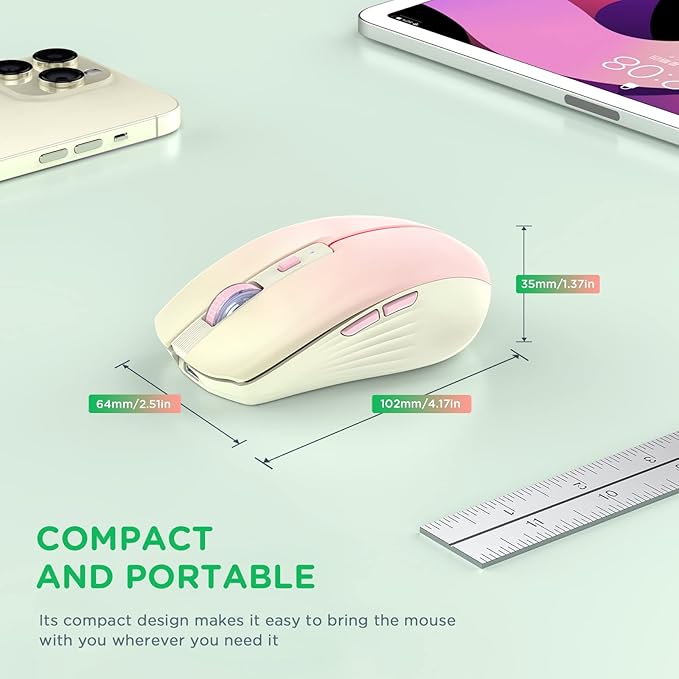 RAPIQUE Bluetooth Wireless Mouse, Rechargeable Multi-Device Computer Mice (Tri-Mode: BT1/BT2+2.4Ghz) with USB Receiver, Ergonomic Portable Mouse for Laptop, MacBook, PC, iMac, iPad(Khaki to Pink)