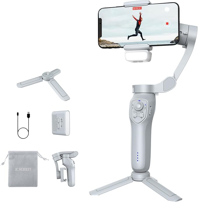 3-Axis Phone Gimbal with Adjustable Fill Light， Stabilizer for Smartphone, Phone Stabilizer for Video Recording, Gimbal for Android &iPhone，TikTok YouTube Vloging kit-JCROBOT iSleeky L7C Plus