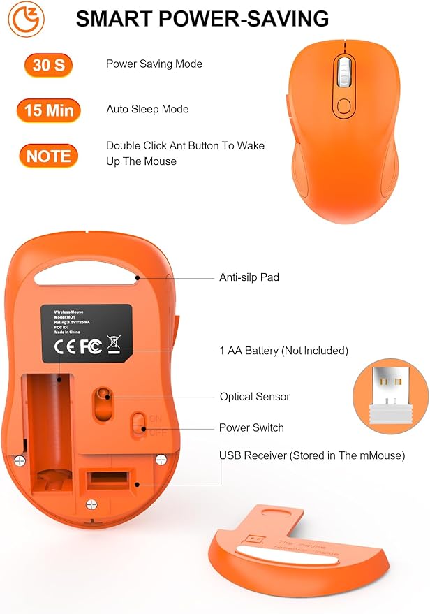 Trueque Wireless Mouse for Laptop, 2.4GHz Ergonomic Computer Mouse with Back & Forward Buttons, 3 Adjustable DPI Levels, 6 Buttons, Optical USB Cordless Mice for Windows PC, M01 (Orange)