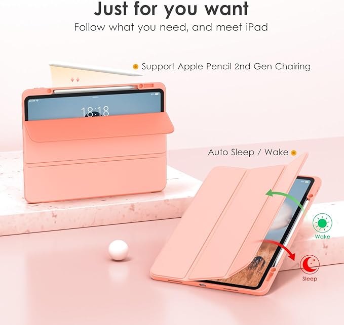 VIKESI Case for iPad Pro 12.9 6th/5th/4th/3rd Generation 2022/2021/2020/2018,TPU Shockproof Frame,Built-in Pencil Holder,Auto Sleep/Wake - Spanish Pink