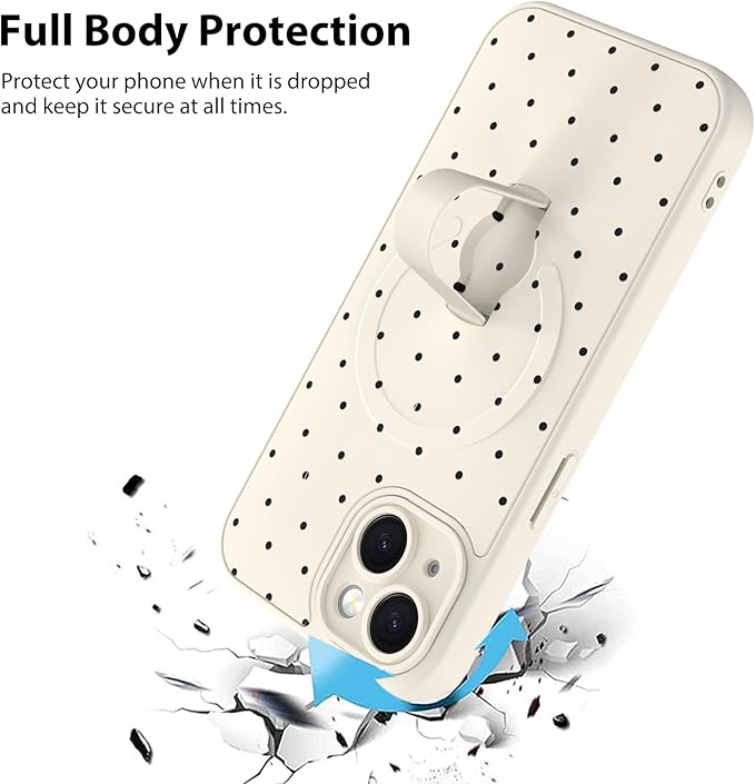 KANGHAR Compatible with iPhone 15 Case, Support for MagSafe, Silicone Spot Cute Pattern, Wristband Kickstand Camera Protection Soft Slim Cover for Girls Women -White