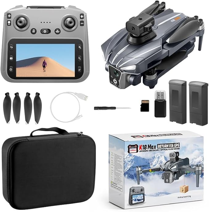 K18 GPS Drones with Camera for Adults 4K, RC Drone with 4.5" HD Screen on Controller, 60 Mins Flight Time, Long Range Transmission, Obstacle Avoidance, Follow Me, Auto Return, Brushless Motor, Under 249g, Lightweight and Foldable Quadcopter for Beginne...