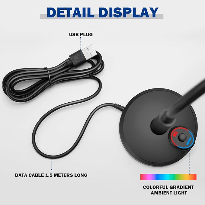 RGB USB Condenser Microphone, Plug & Play Desktop PC Mic with Mute Button, Flexible Gooseneck for PC, Mac, PS5, Gaming, Streaming, Zoom, Discord (1.5m Cable)